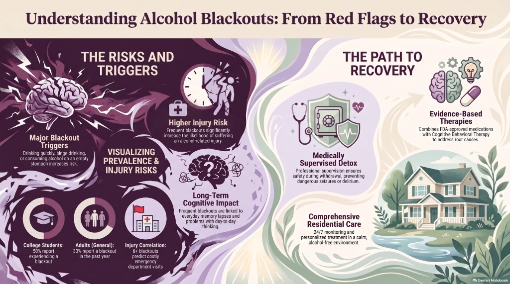 Infographic on alcohol blackout risks, injury rates, and the path to recovery through medically supervised detox and residential care