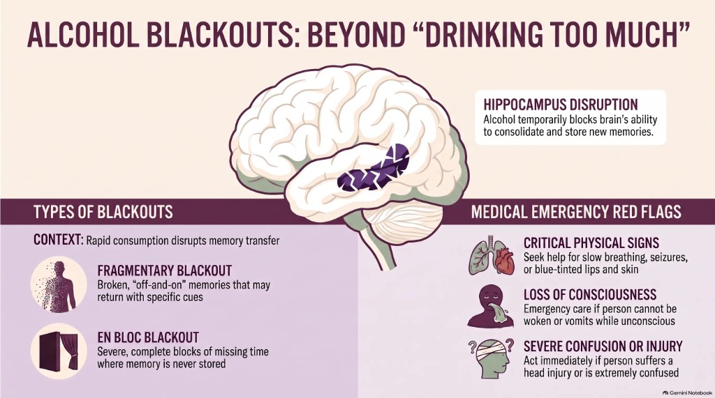 Infographic on alcohol blackouts: hippocampus disruption, fragmentary versus en bloc blackouts, and medical emergency red flags
