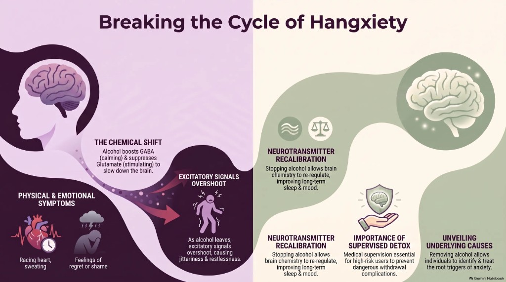 Infographic on hangxiety: alcohol boosts GABA and suppresses glutamate, then excitatory signals overshoot as it wears off, and recovery through supervised detox