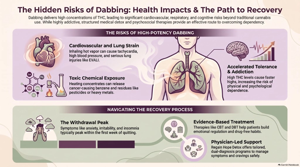 Infographic on dabbing risks including lung injury and addiction, and recovery through medically supervised detox, CBT, DBT, and physician-led care