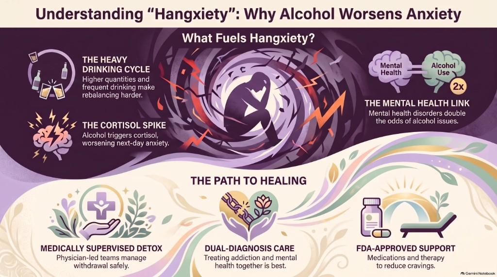 Infographic on hangxiety causes including heavy drinking, cortisol, and mental health, plus recovery through supervised detox, dual-diagnosis care, and medication
